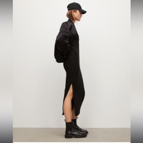 ALL SAINTS Rina Black Long Sleeve Ribbed Black Dress - Picture 2 of 9